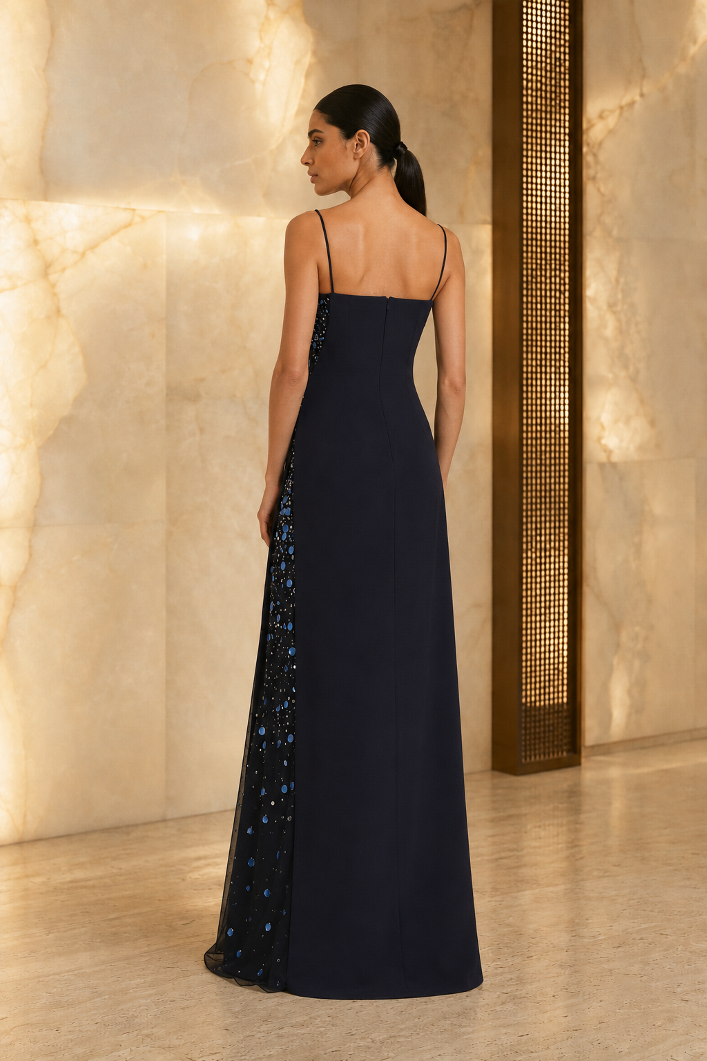 Leah Long Dress - Midnight Navy With Multi/Blues Embellishments