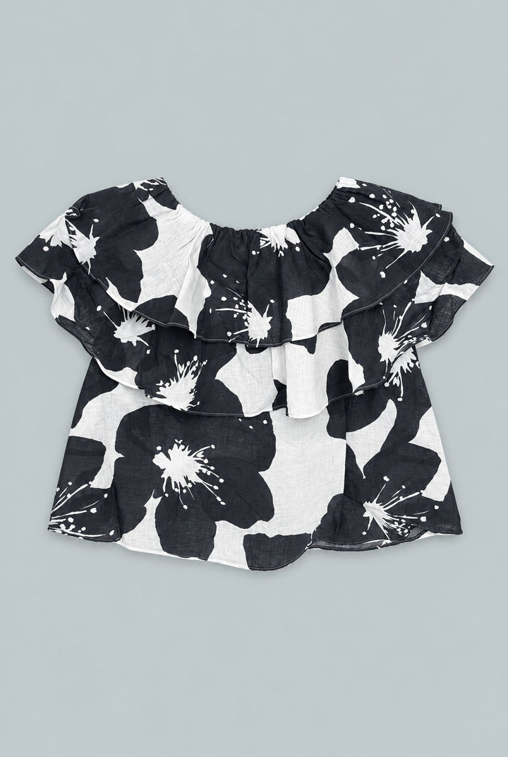 Kid's Floral Ruffle Top - Black/White