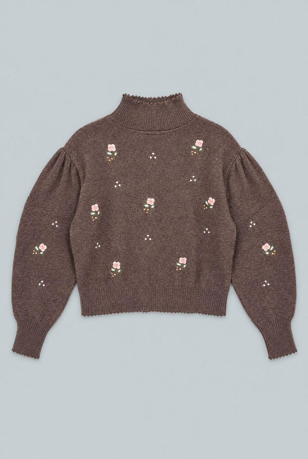 Embroidered Mock Neck Sweater - Brown