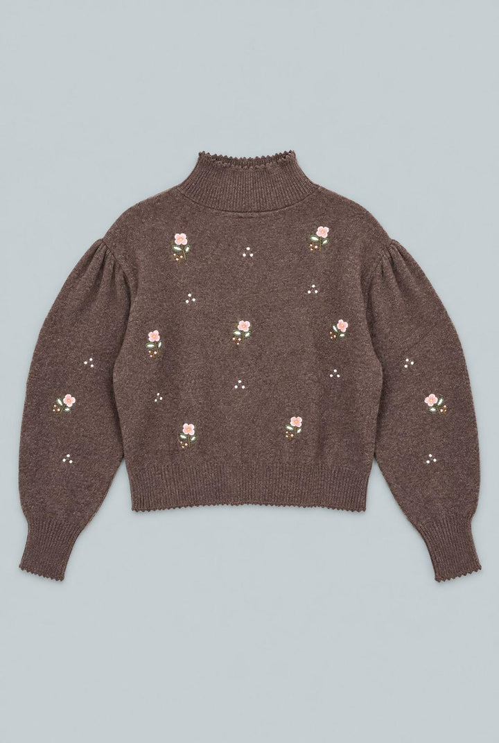 Embroidered Mock Neck Sweater - Brown