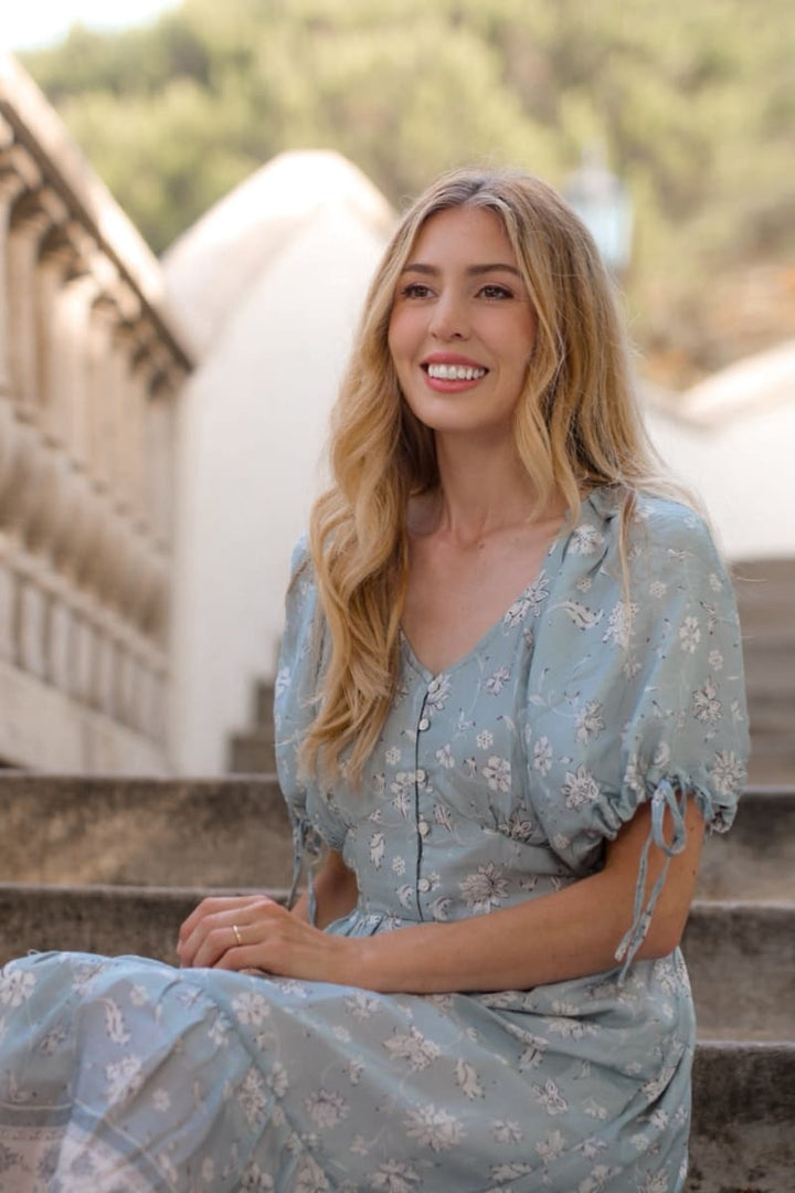 Puff Sleeve Midi Dress - Serene Symphony