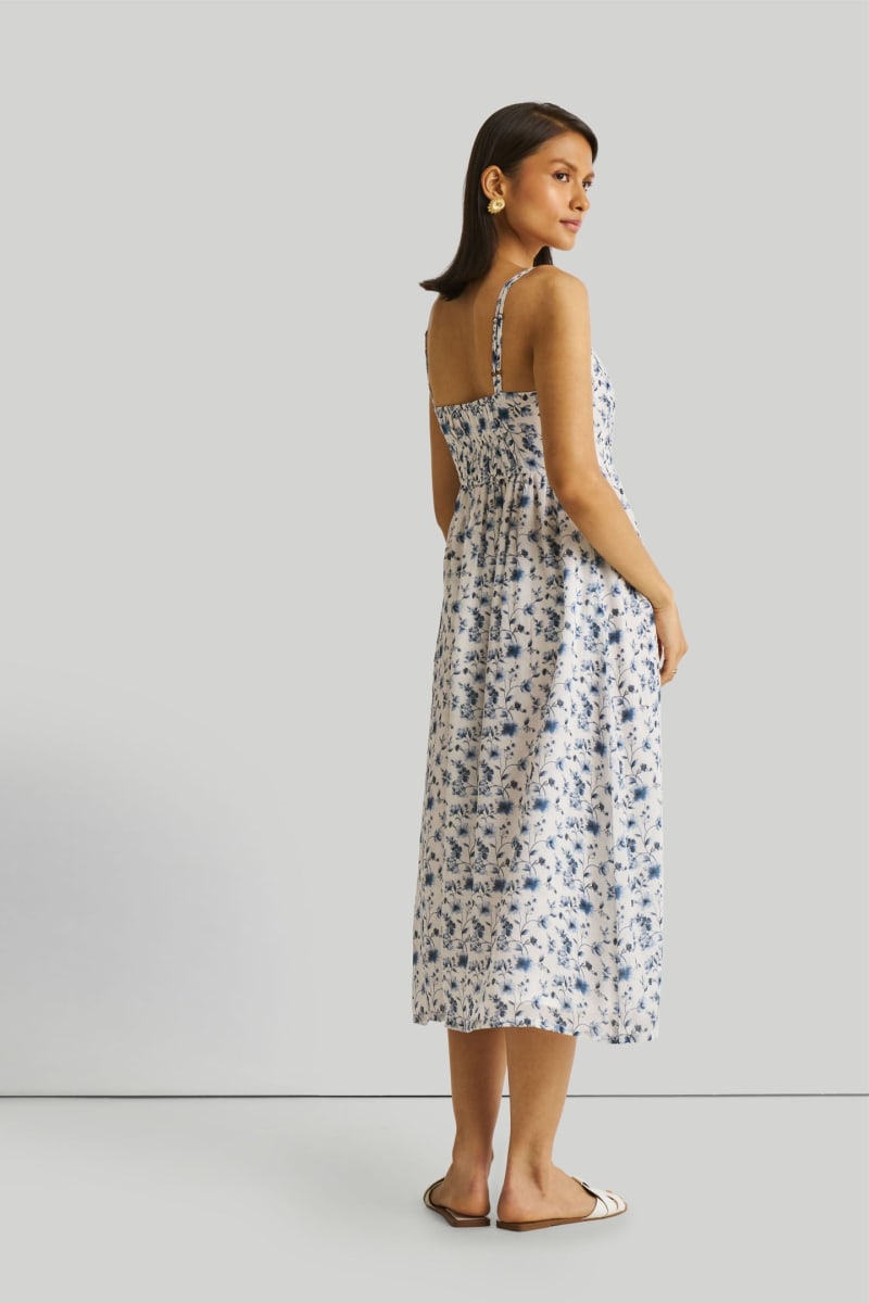 Strappy Gathered Floral Midi Dress - Wisteria Whimsy