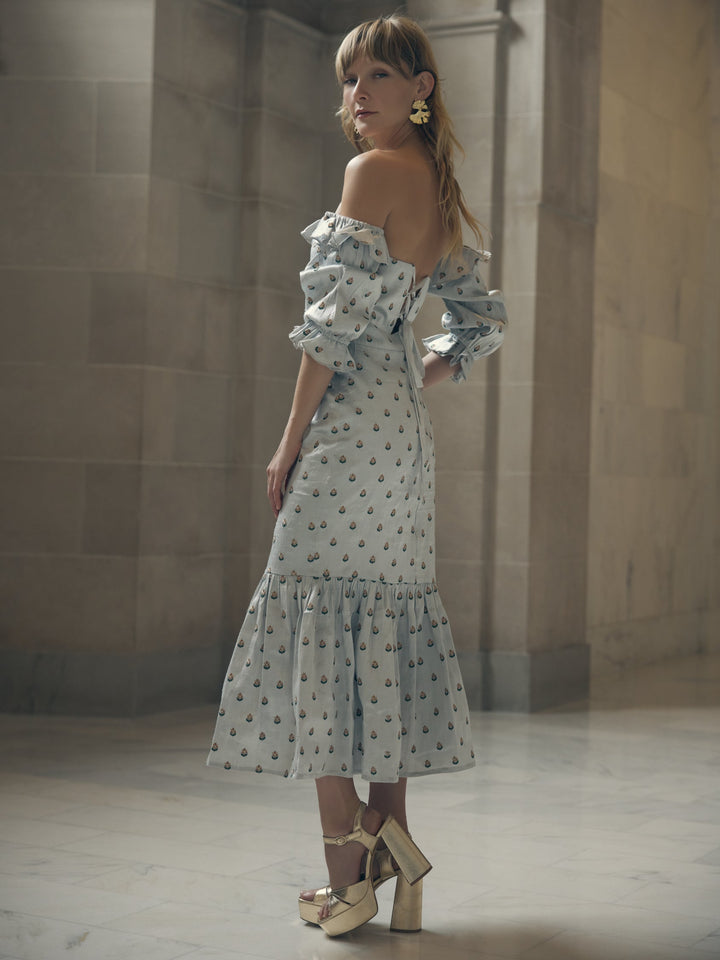 Desirae Embroidered Midi Dress - Light Silver/Micro Floral Embroidery