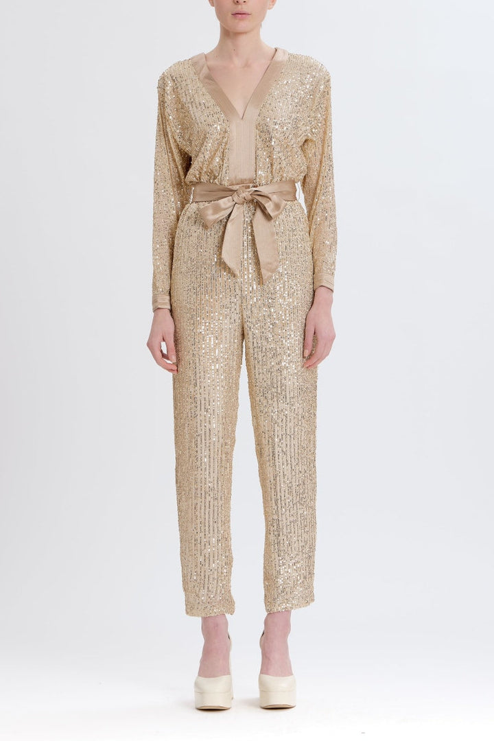 Sequin V-Neck Jumpsuit - Gold