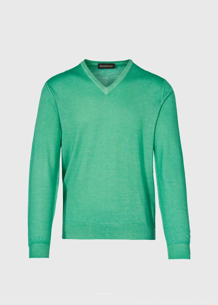 Merino Wool Watercolor V-Neck Sweater - Green
