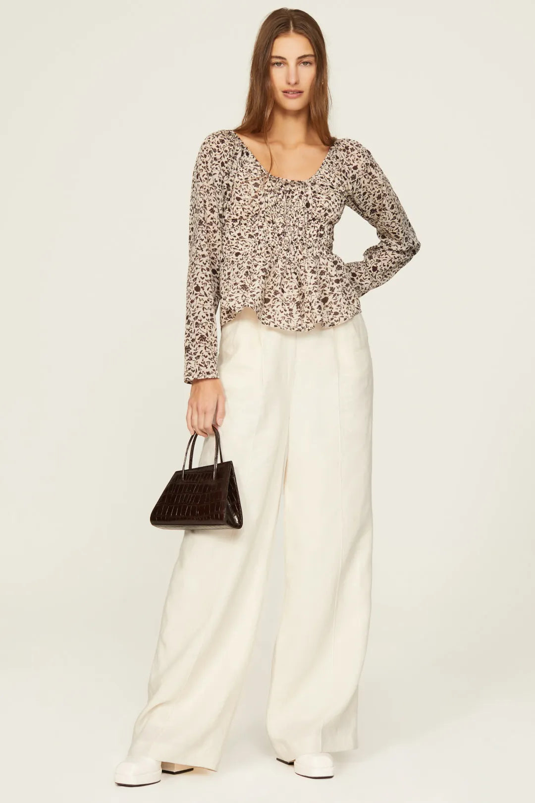 Floral Cinched Front Blouse - Cream Multi