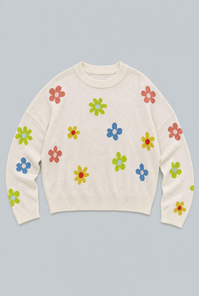 Cashmere Blend Floral Crew Neck Sweater - Cream Multi