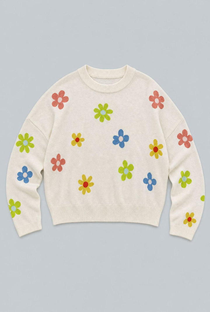 Cashmere Blend Floral Crew Neck Sweater - Cream Multi