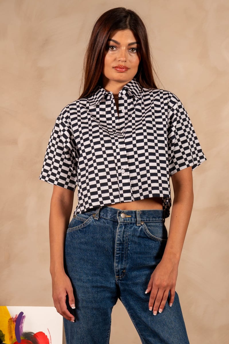 Hand Printed 'The Cami' Crop Shirt - Checkers Twill