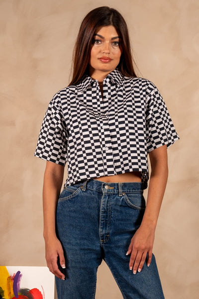 Hand Printed 'The Cami' Crop Shirt - Checkers Twill