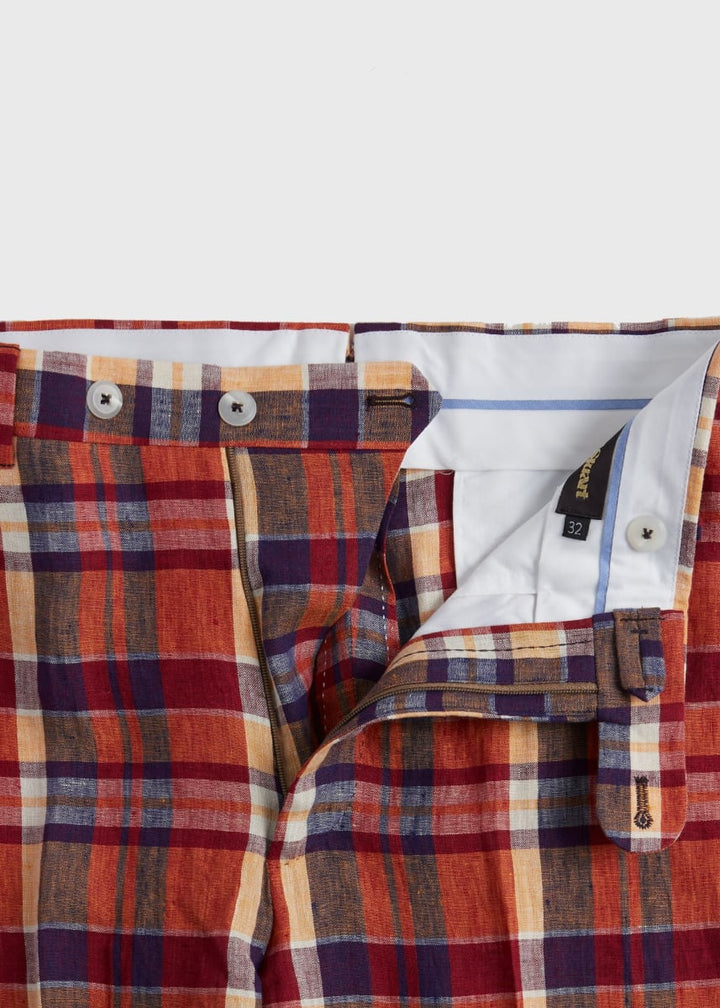 Linen Plaid Plain Front Dress Trouser - Coral Plaid