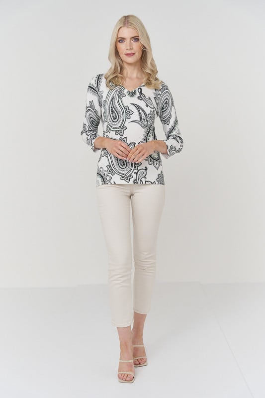 Pippa Paisley V Neck - Optic White/Mint Print