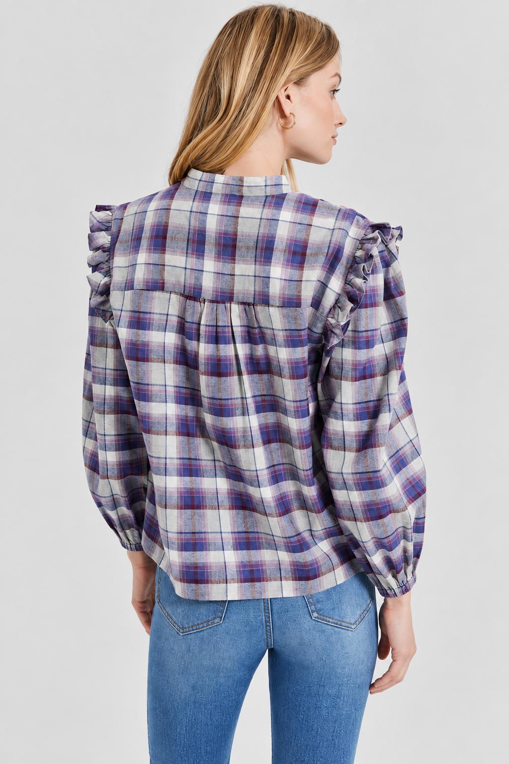 Flannel Plaid Ruffle Shirt - Purple Combo