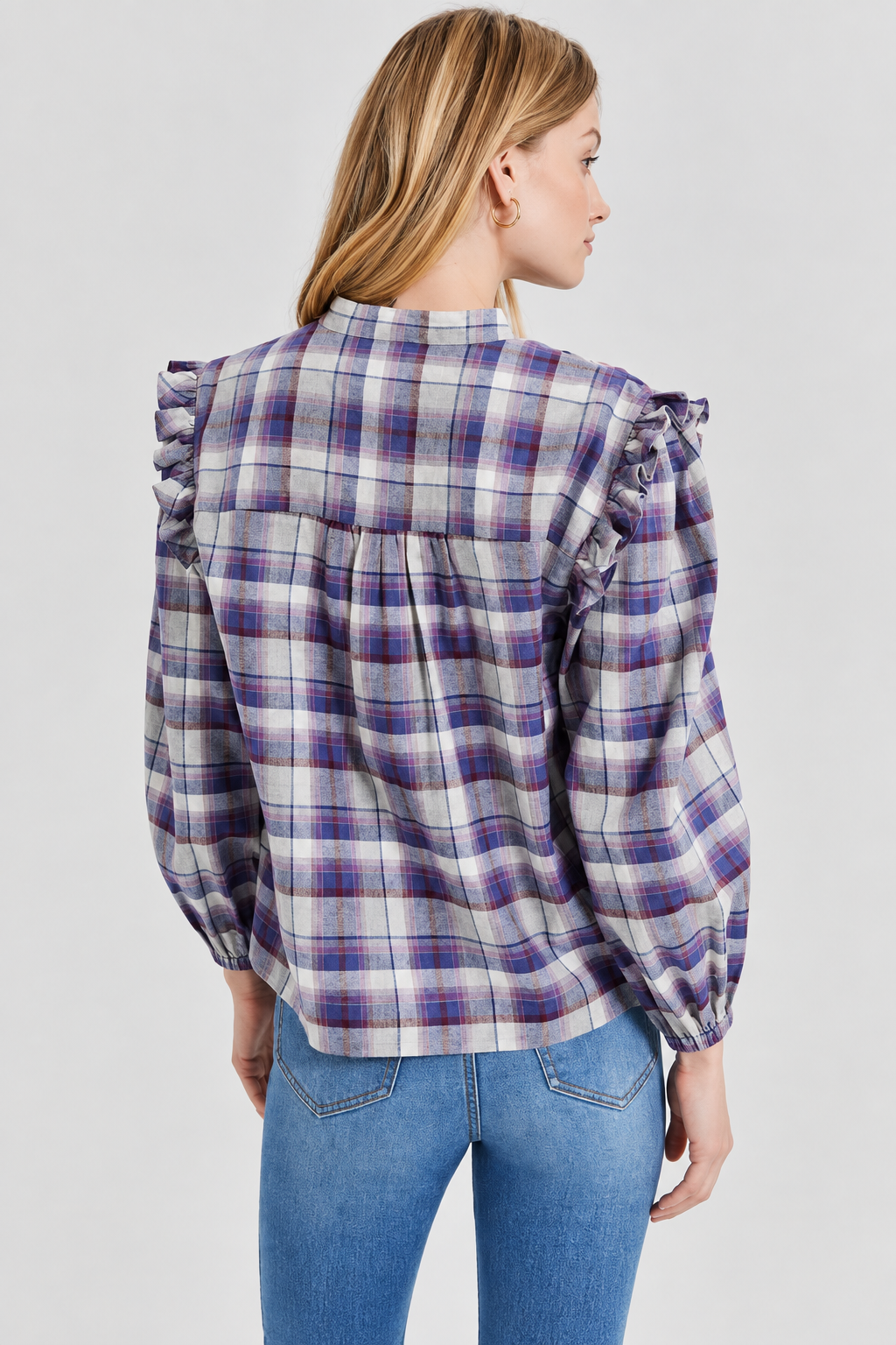 Flannel Plaid Ruffle Shirt - Purple Combo