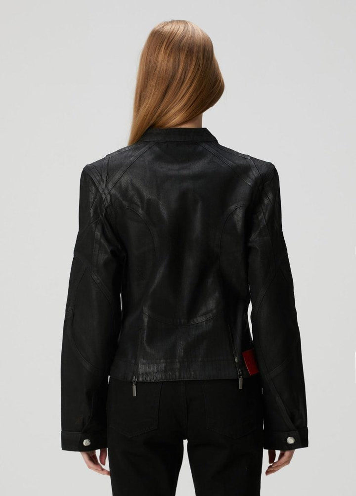 Pure Cotton Shiny Coated Women Denim Jacket - Black