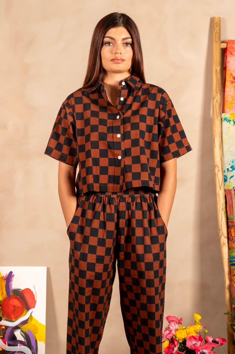 Hand Printed 'The Cami' Crop Shirt - Chocolate And Black Chessboard