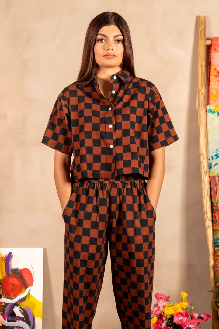 Hand Printed 'The Cami' Crop Shirt - Chocolate And Black Chessboard