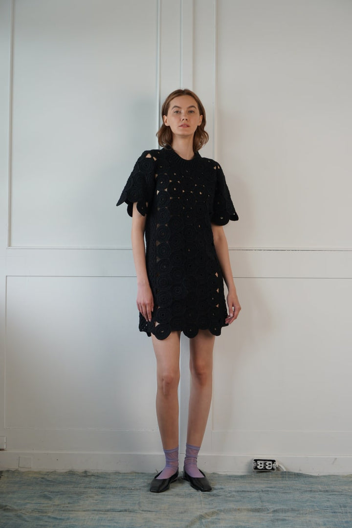 Circle Crochet Tee Shirt Dress - Black
