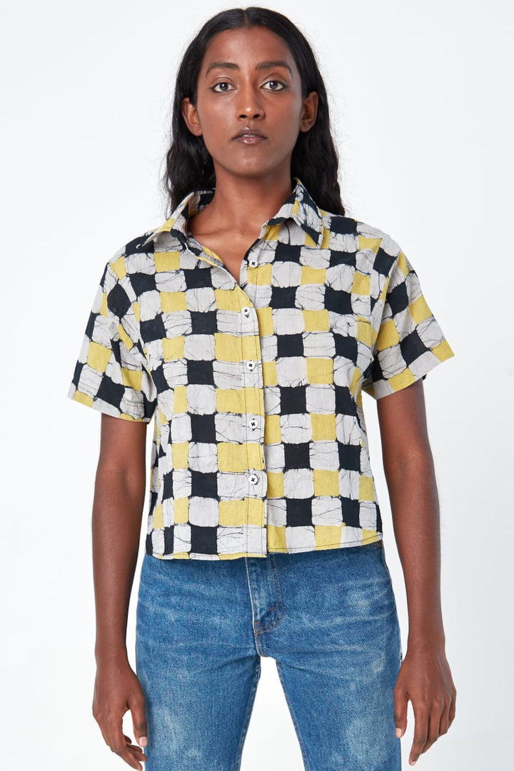 Hand Block Printed 'The Michelle' Shirt - Yellow And Black Chessboard Batik Print