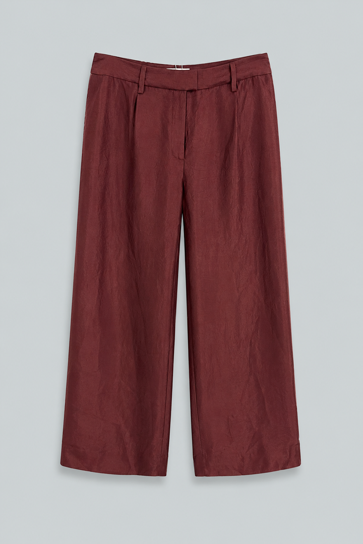 Crinkled Satin Straight Leg Trousers - Medjool