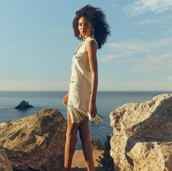 Meadow Vest Beaded Mini Dress - Cream & Ivory Floral Beading