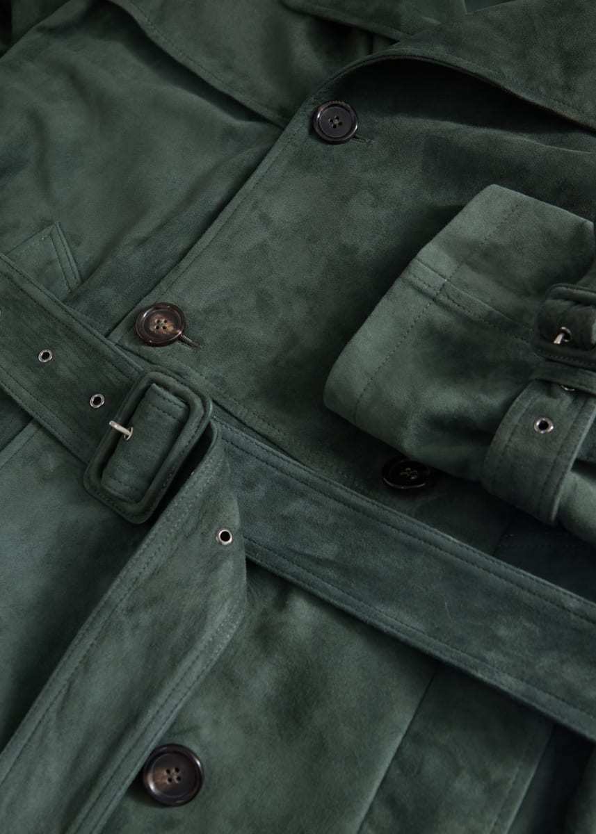 Suede DB Raglan Sleeve Trench Coat - Olive