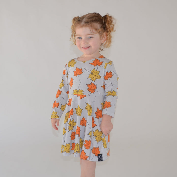 Swirly Girl Dress - Grey Leaves