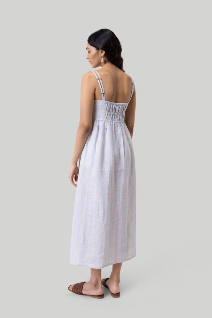 Strappy Gathered Midi Dress - Textured Stripes