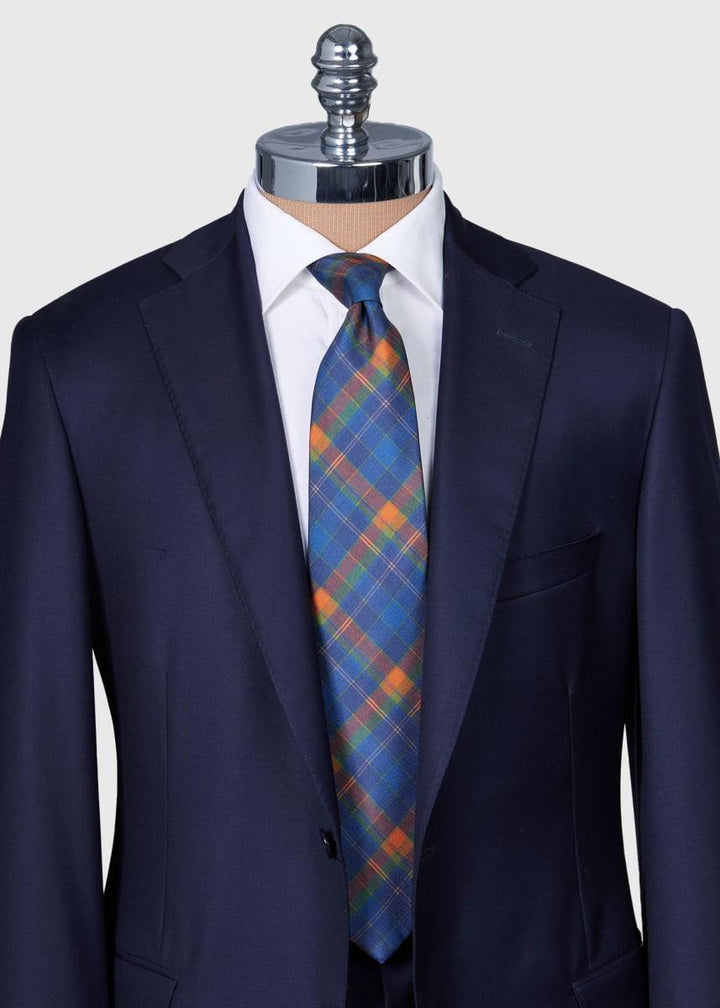 Printed Silk Madder Plaid Tie - Blue