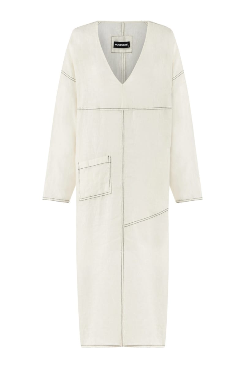 Draped Deep V-Neck Dress - Ecru