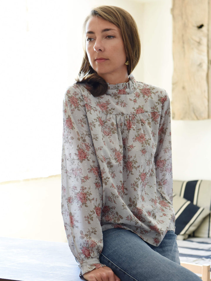 Margaret Blouse in blue foral print - Blue Grey Flowers