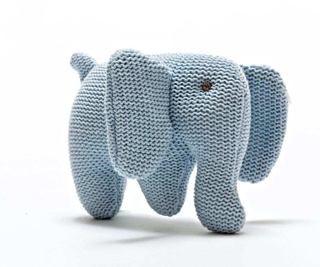 Knitted Pink Elephant Baby Rattle Organic Cotton Blue