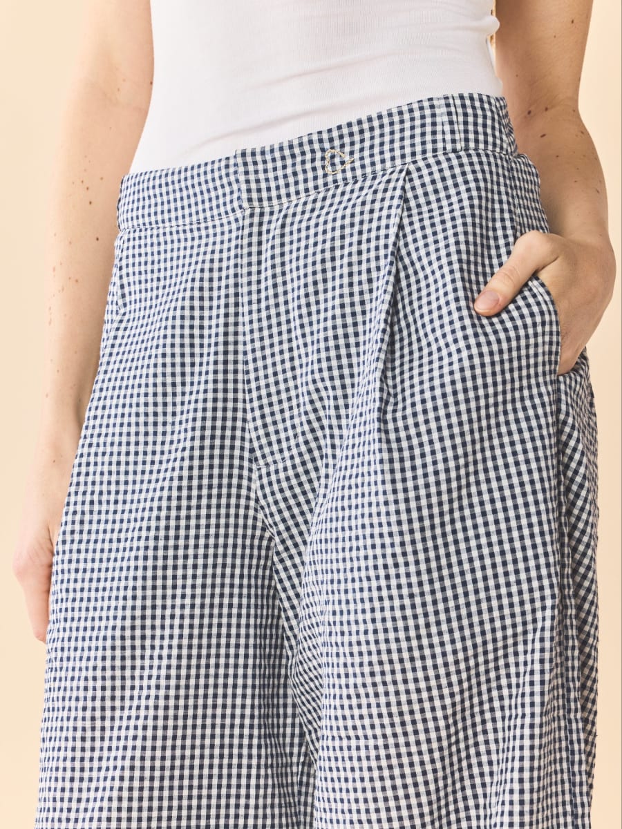 Nina Pant x Rainey Collaboration - Navy Gingham with Cream Crochet Appliqué