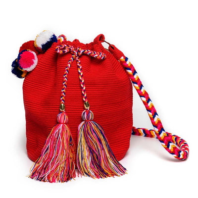 Rainbow Woven Mochila Bucket Bag - Red