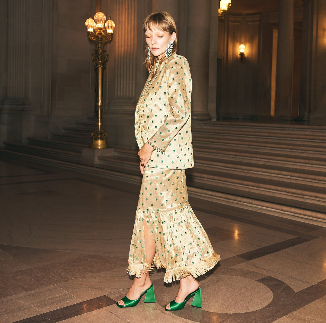 Desirae Embroidered Beaded Blazer - Light Gold/Mini Geometric Floral embroidery