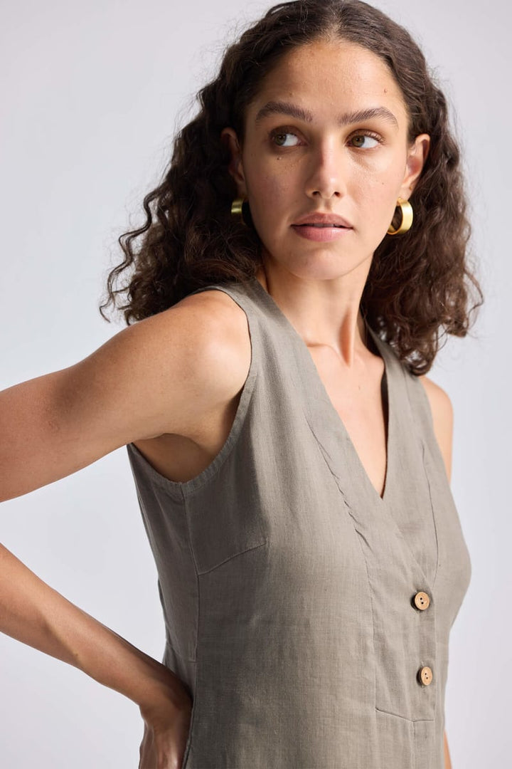 Straight Dress With Front Slit In Hemp - Dark Green