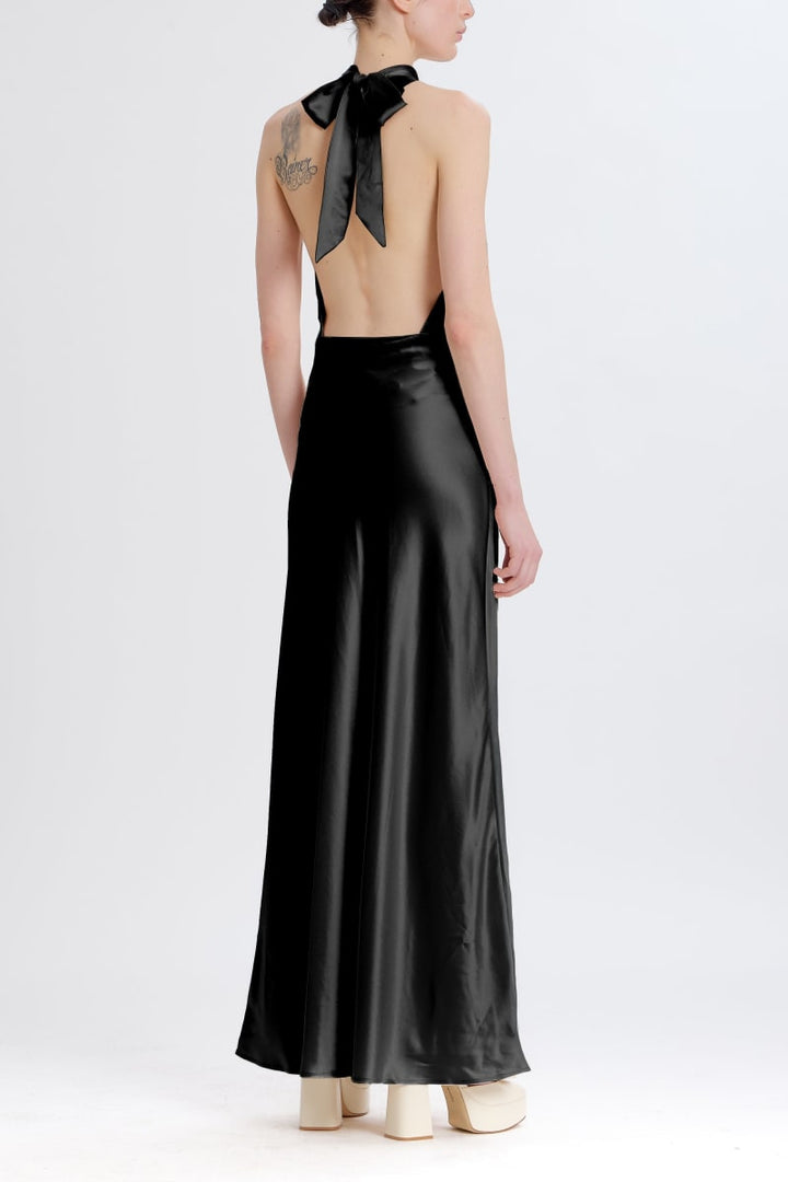 Silky Halter Cutout Gown - Black