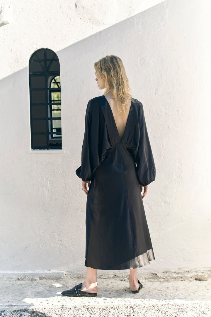 Mila V Neck Satin Dress - Black