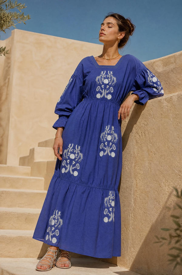 Embroidered Tiered Long Sleeve Maxi Dress - Navy Combo