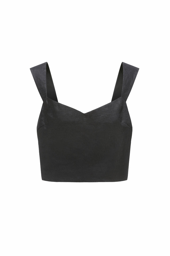 Mia French Linen Twill Crop Top - Black