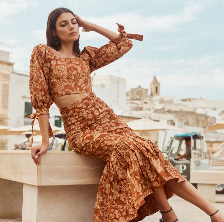 Mary Embroidered Fluted Skirt - Copper/Copper lurex embroidery