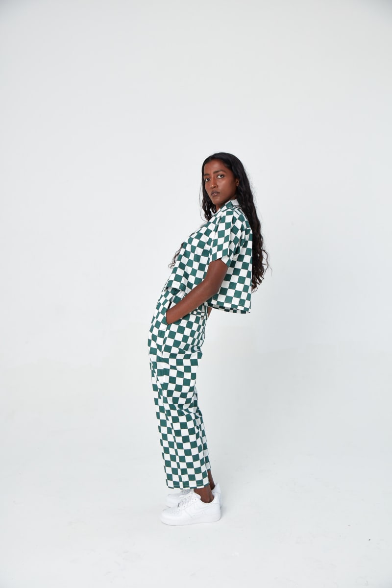 Hand Printed 'Seema' Pants - Green And White Chessboard