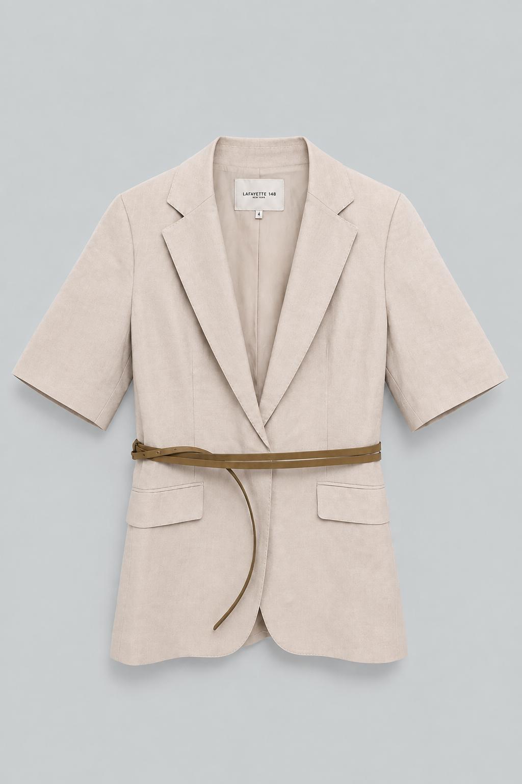 Silk-Linen Short Sleeve Belted Blazer - Pearl