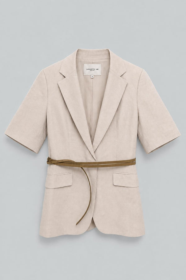 Silk-Linen Short Sleeve Belted Blazer - Pearl