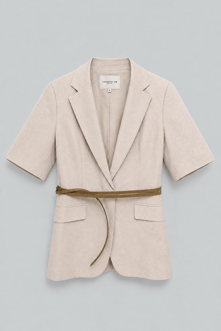 Silk-Linen Short Sleeve Belted Blazer - Pearl