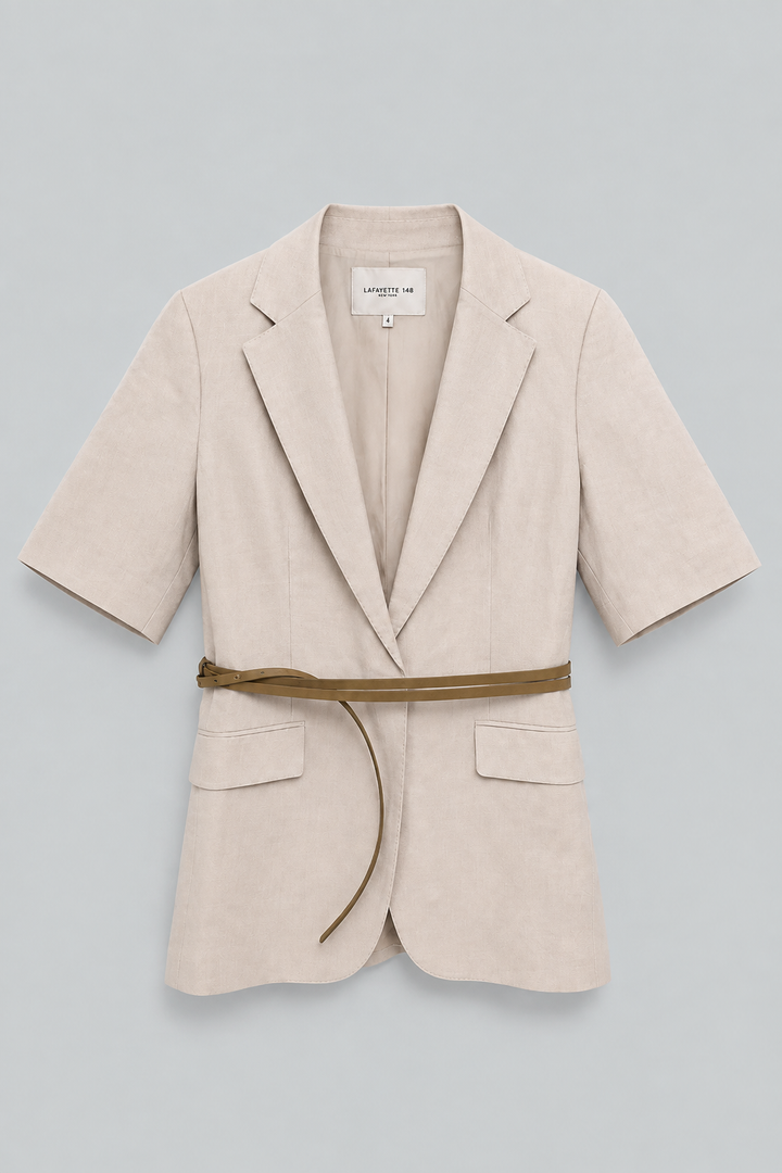 Silk-Linen Short Sleeve Belted Blazer - Pearl
