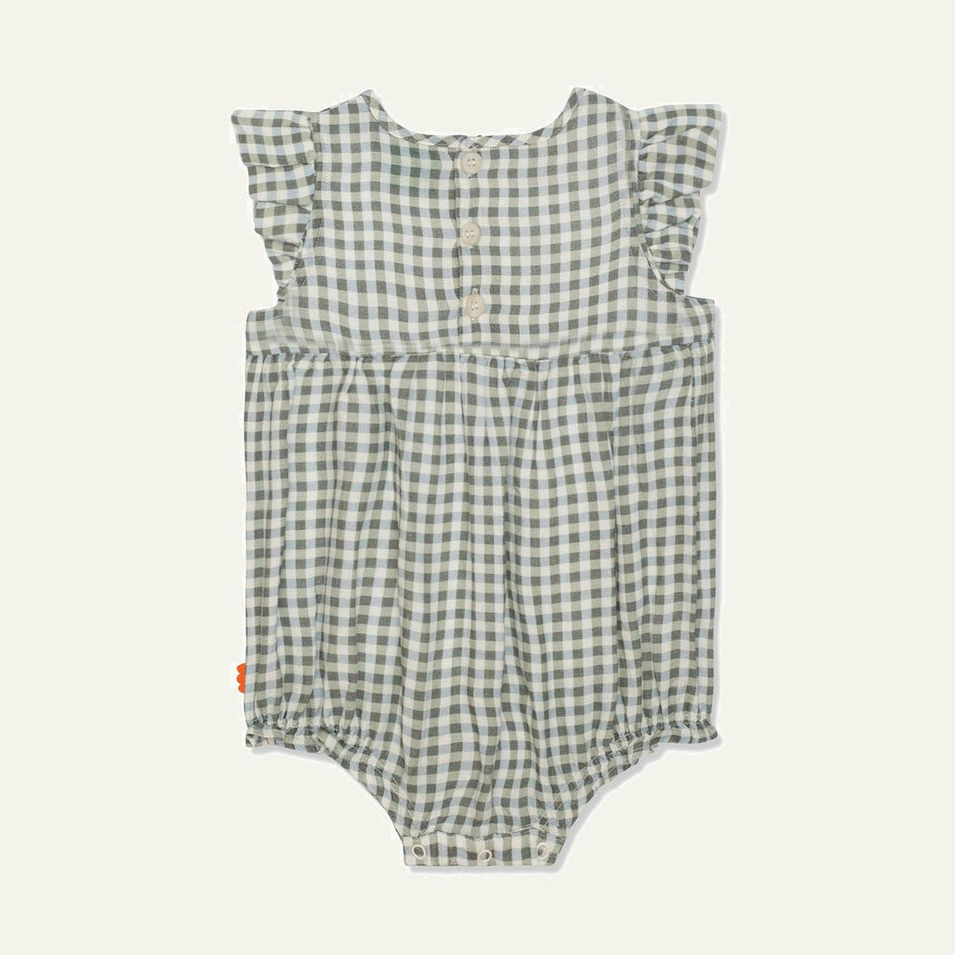 Gingham Linen Baby Girl Romper - Natural/faded Denim
