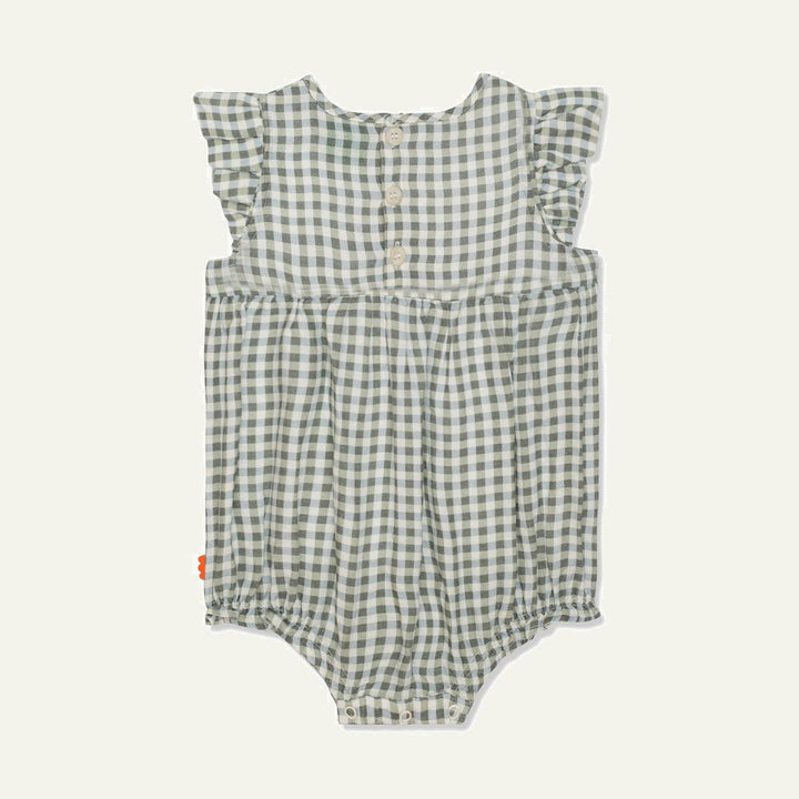Gingham Linen Baby Girl Romper - Natural/faded Denim