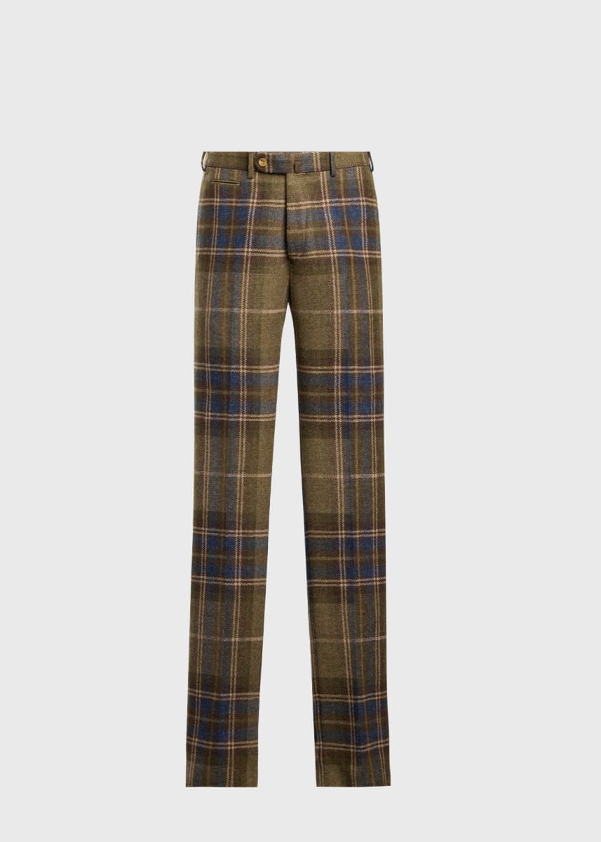 Shetland Wool Plaid Dress Trouser - Green Multi