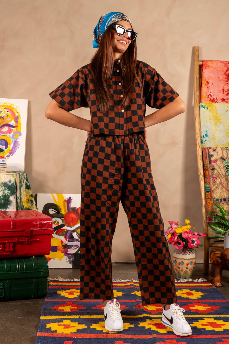 Hand Printed 'The Cami' Crop Shirt - Chocolate And Black Chessboard